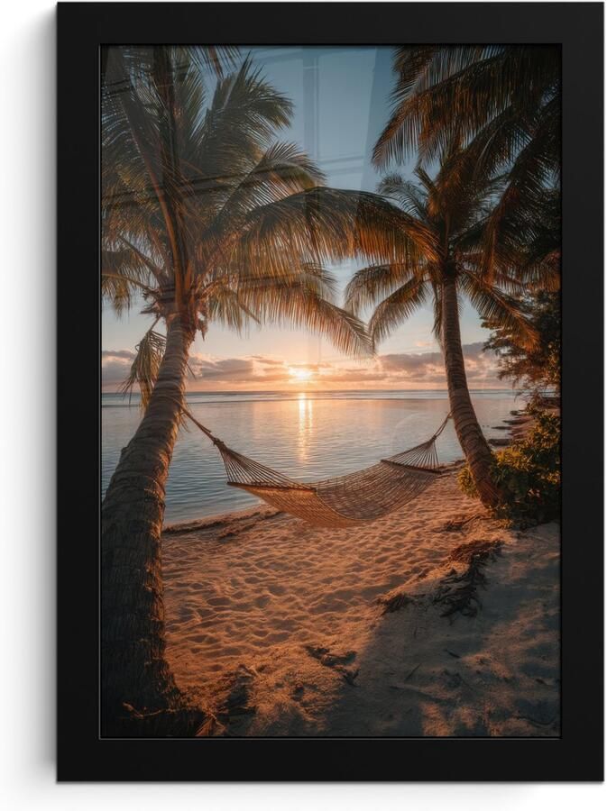 PosterMonkey Poster in lijst Fotolijst 20x30 cm Posters Palmbomen Hangmat Strand Zonsondergang Posterlijst zwart Decoratie Wanddecoratie woonkamer Muurdecoratie slaapkamer