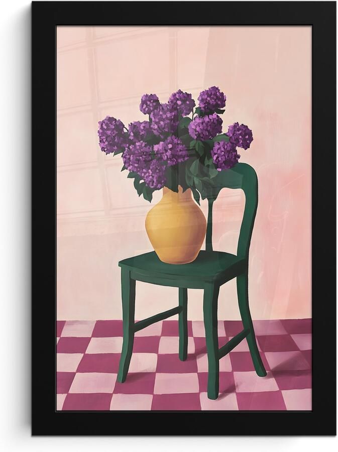 PosterMonkey Poster in lijst Fotolijst 20x30 cm Posters Stoel Vaas Bloemen Geblokt Posterlijst zwart Decoratie Wanddecoratie woonkamer Muurdecoratie slaapkamer