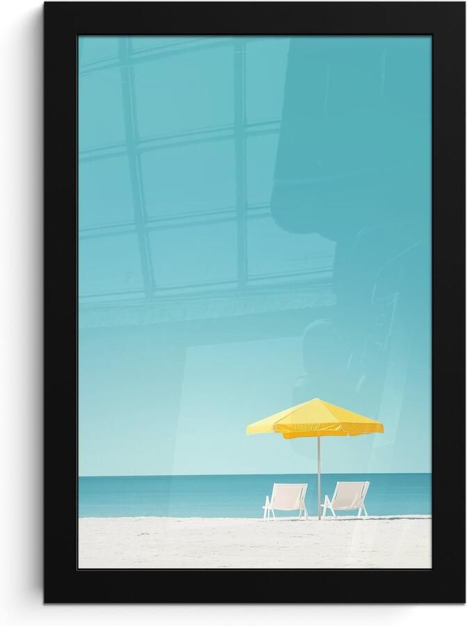 PosterMonkey Poster in lijst Fotolijst 20x30 cm Posters Strand Blauwe lucht Geel Parasol Posterlijst zwart Decoratie Wanddecoratie woonkamer Muurdecoratie slaapkamer