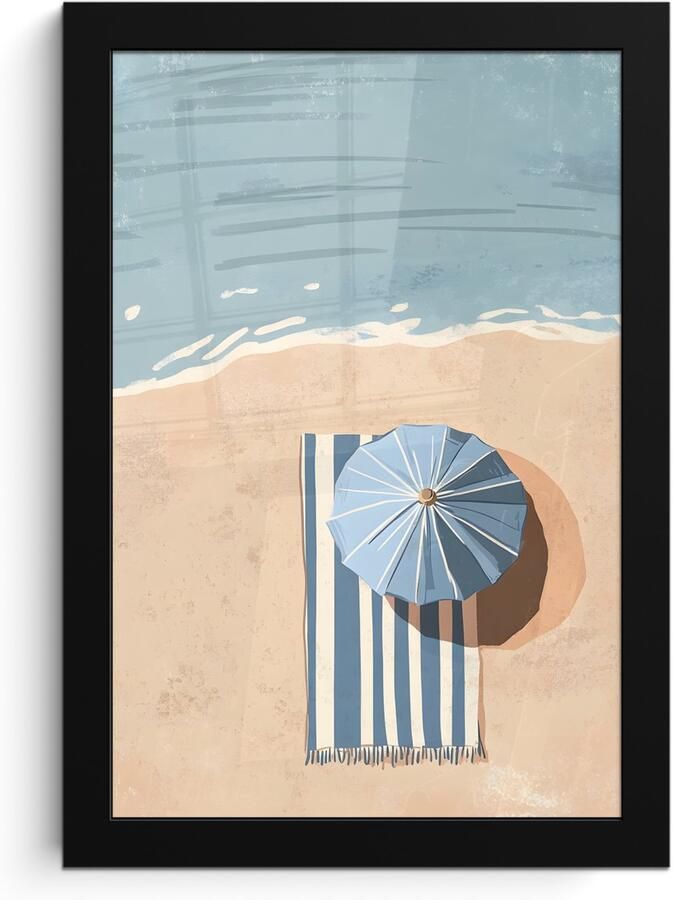 PosterMonkey Poster in lijst Fotolijst 20x30 cm Posters Strandlaken Strepen Parasol Strand Posterlijst zwart Decoratie Wanddecoratie woonkamer Muurdecoratie slaapkamer