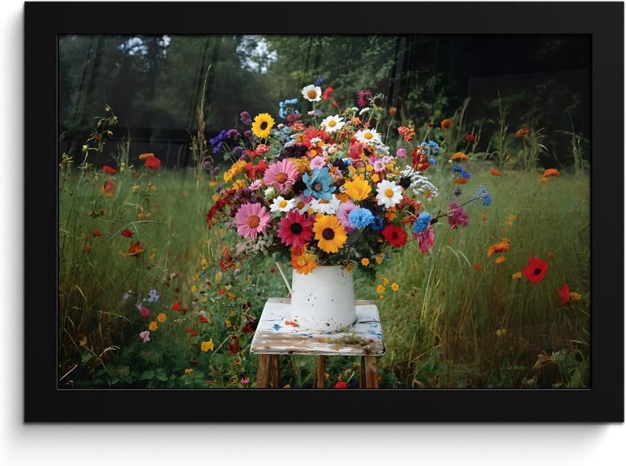 PosterMonkey Poster in lijst Fotolijst 30x20 cm Posters Bloemen Krukje Gieter Veld Posterlijst zwart Decoratie Wanddecoratie woonkamer Muurdecoratie slaapkamer