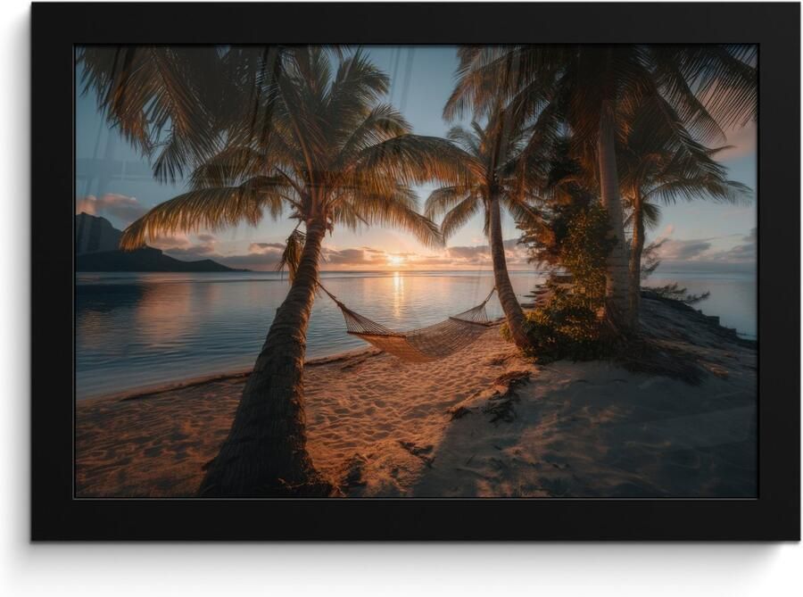 PosterMonkey Poster in lijst Fotolijst 30x20 cm Posters Palmbomen Hangmat Strand Zonsondergang Posterlijst zwart Decoratie Wanddecoratie woonkamer Muurdecoratie slaapkamer