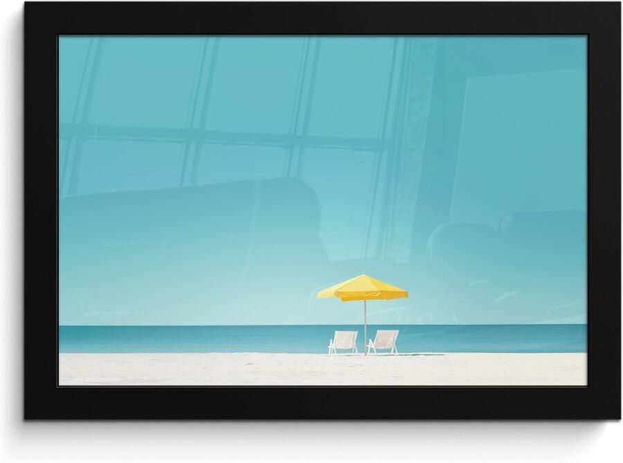 PosterMonkey Poster in lijst Fotolijst 30x20 cm Posters Strand Blauwe lucht Geel Parasol Posterlijst zwart Decoratie Wanddecoratie woonkamer Muurdecoratie slaapkamer
