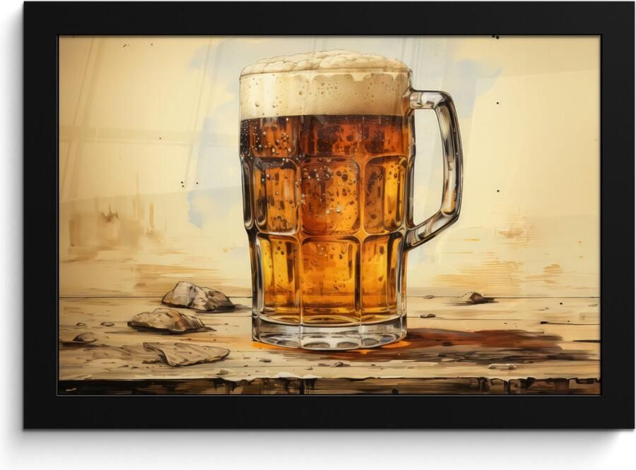 PosterMonkey Fotolijst inclusief poster Posterlijst 30x20 cm Posters Vintage Bier Pul Hout Tafel Drinken Foto in lijst decoratie Wanddecoratie woonkamer Muurdecoratie slaapkamer