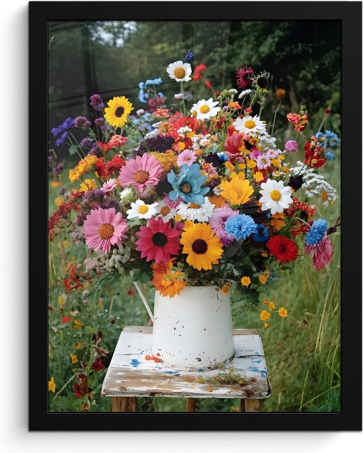 PosterMonkey Poster in lijst Fotolijst 30x40 cm Posters Bloemen Krukje Gieter Veld Posterlijst zwart Decoratie Wanddecoratie woonkamer Muurdecoratie slaapkamer