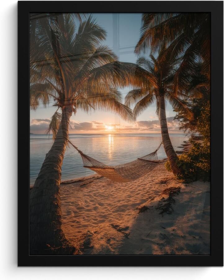 PosterMonkey Poster in lijst Fotolijst 30x40 cm Posters Palmbomen Hangmat Strand Zonsondergang Posterlijst zwart Decoratie Wanddecoratie woonkamer Muurdecoratie slaapkamer