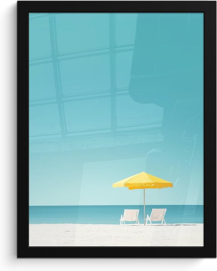 PosterMonkey Poster in lijst Fotolijst 30x40 cm Posters Strand Blauwe lucht Geel Parasol Posterlijst zwart Decoratie Wanddecoratie woonkamer Muurdecoratie slaapkamer