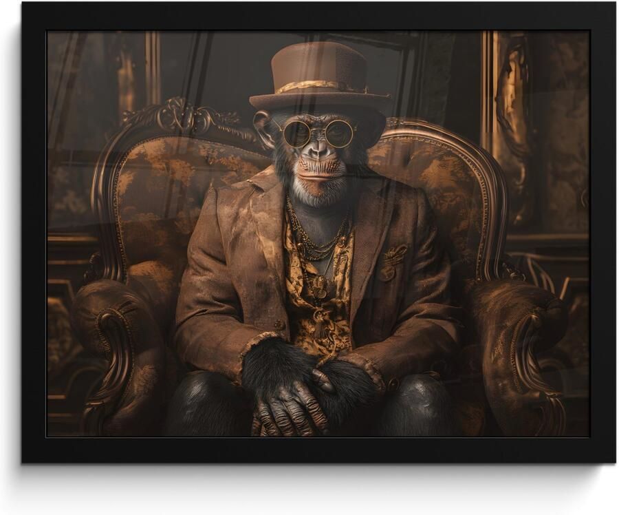 PosterMonkey Poster in lijst Fotolijst 40x30 cm Posters Chimpansee Stoel Pak Bruin Posterlijst zwart Decoratie Wanddecoratie woonkamer Muurdecoratie slaapkamer