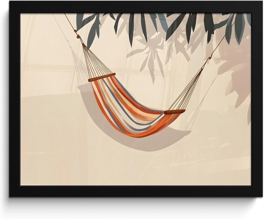 PosterMonkey Poster in lijst Fotolijst 40x30 cm Posters Hangmat Kleurrijk Bladeren Schaduw Posterlijst zwart Decoratie Wanddecoratie woonkamer Muurdecoratie slaapkamer