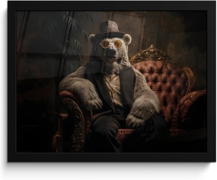 PosterMonkey Poster in lijst Fotolijst 40x30 cm Posters Ijsbeer Hoed Bril Stoel Posterlijst zwart Decoratie Wanddecoratie woonkamer Muurdecoratie slaapkamer