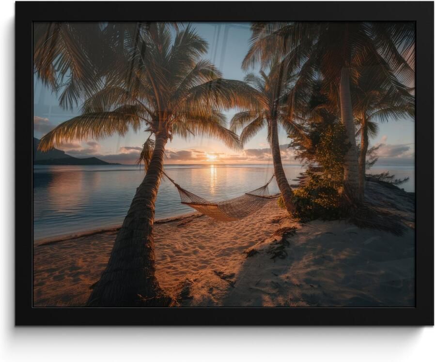 PosterMonkey Poster in lijst Fotolijst 40x30 cm Posters Palmbomen Hangmat Strand Zonsondergang Posterlijst zwart Decoratie Wanddecoratie woonkamer Muurdecoratie slaapkamer