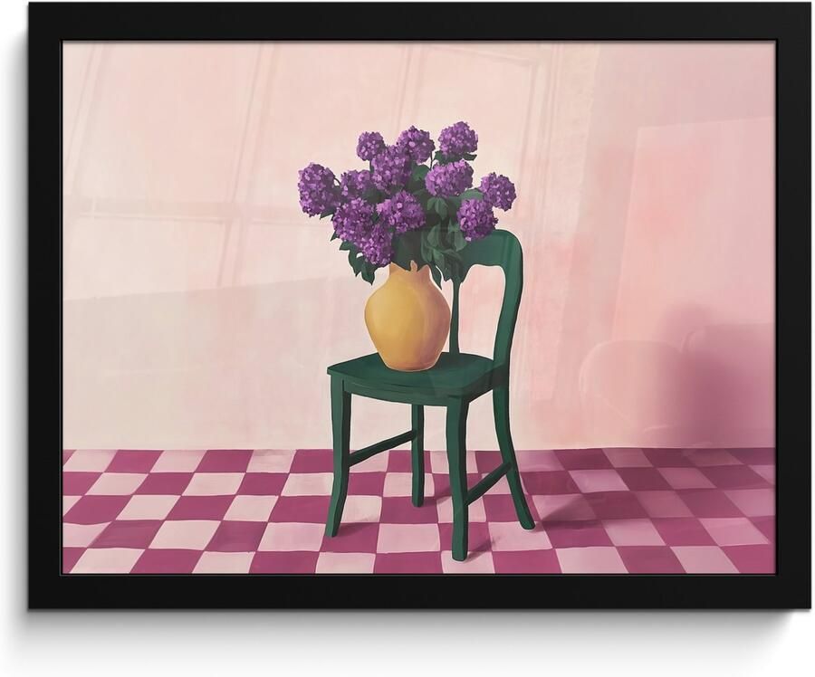 PosterMonkey Poster in lijst Fotolijst 40x30 cm Posters Stoel Vaas Bloemen Geblokt Posterlijst zwart Decoratie Wanddecoratie woonkamer Muurdecoratie slaapkamer