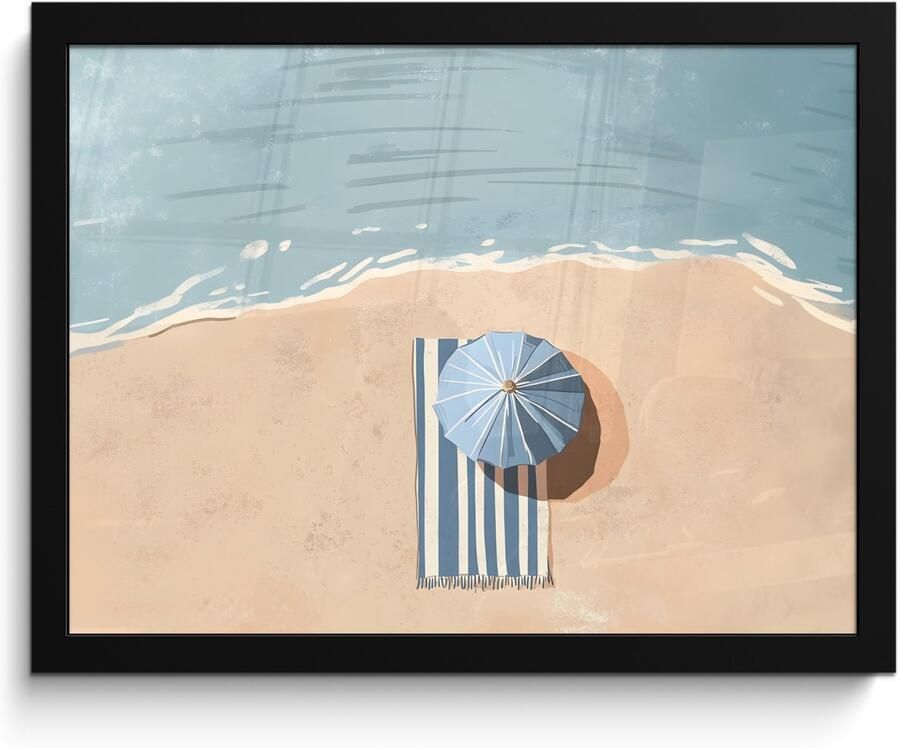 PosterMonkey Poster in lijst Fotolijst 40x30 cm Posters Strandlaken Strepen Parasol Strand Posterlijst zwart Decoratie Wanddecoratie woonkamer Muurdecoratie slaapkamer