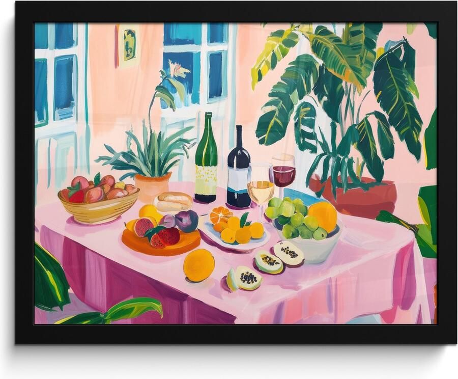 FrameYourWall Poster in lijst Fotolijst 40x30 cm Posters Tafel Wijn Fruit Posterlijst zwart Decoratie Wanddecoratie woonkamer Muurdecoratie slaapkamer