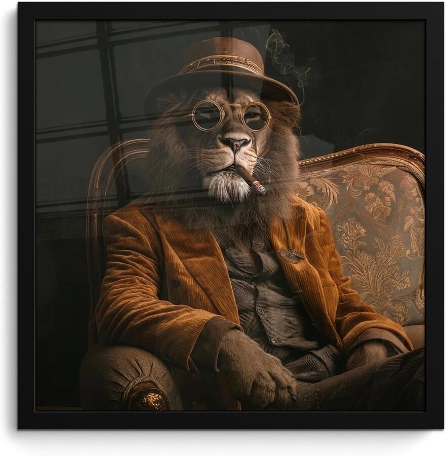 PosterMonkey Poster in lijst Fotolijst 40x40 cm Posters Bril Leeuw Bank Hoed Posterlijst zwart Decoratie Wanddecoratie woonkamer Muurdecoratie slaapkamer