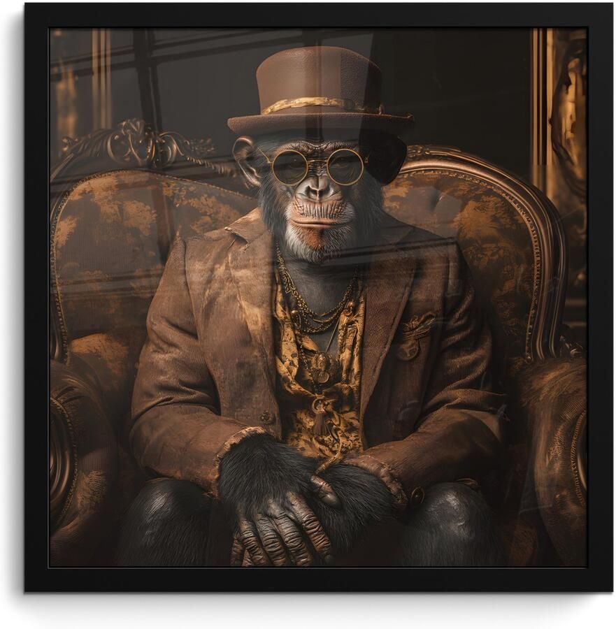 PosterMonkey Poster in lijst Fotolijst 40x40 cm Posters Chimpansee Stoel Pak Bruin Posterlijst zwart Decoratie Wanddecoratie woonkamer Muurdecoratie slaapkamer