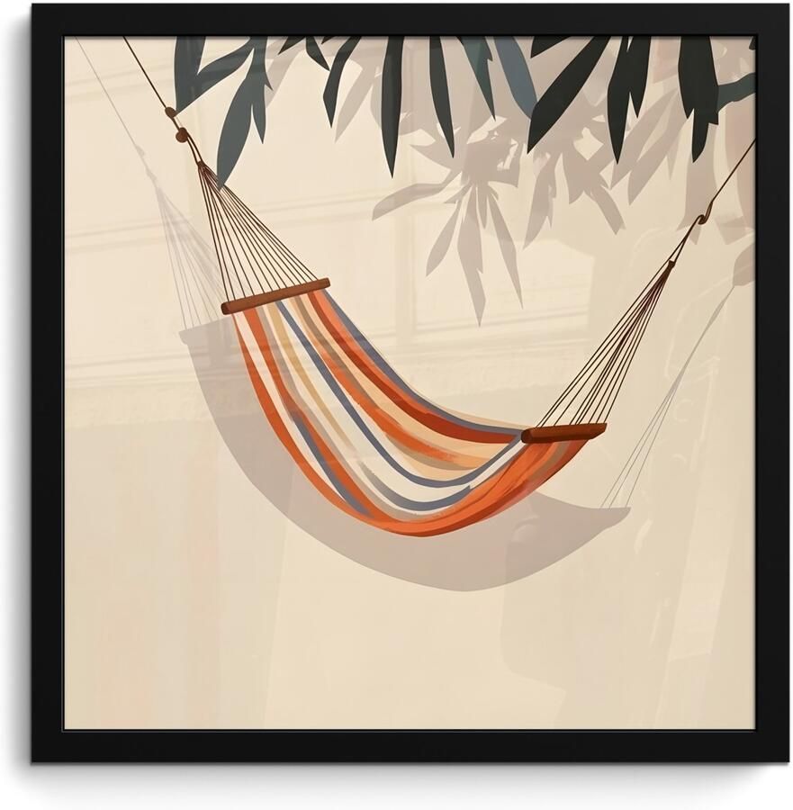 PosterMonkey Poster in lijst Fotolijst 40x40 cm Posters Hangmat Kleurrijk Bladeren Schaduw Posterlijst zwart Decoratie Wanddecoratie woonkamer Muurdecoratie slaapkamer