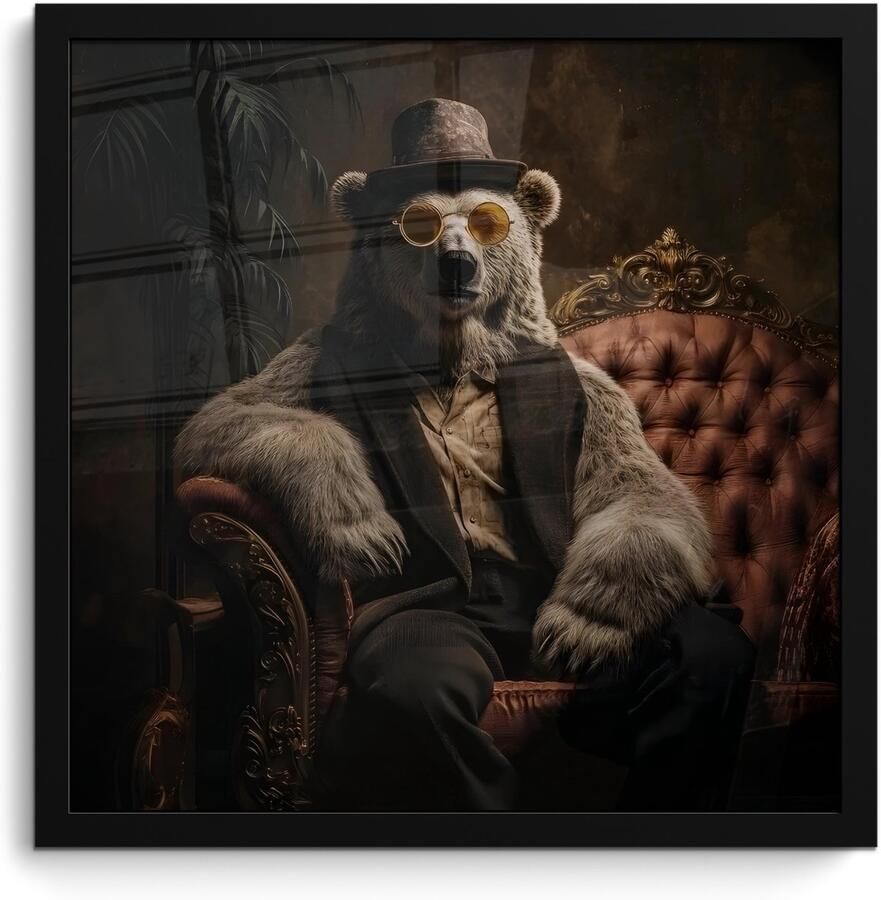 PosterMonkey Poster in lijst Fotolijst 40x40 cm Posters Ijsbeer Hoed Bril Stoel Posterlijst zwart Decoratie Wanddecoratie woonkamer Muurdecoratie slaapkamer