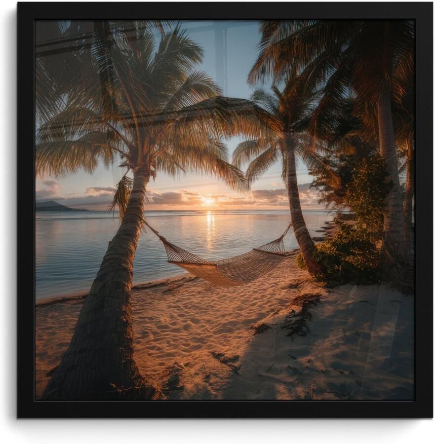 PosterMonkey Poster in lijst Fotolijst 40x40 cm Posters Palmbomen Hangmat Strand Zonsondergang Posterlijst zwart Decoratie Wanddecoratie woonkamer Muurdecoratie slaapkamer