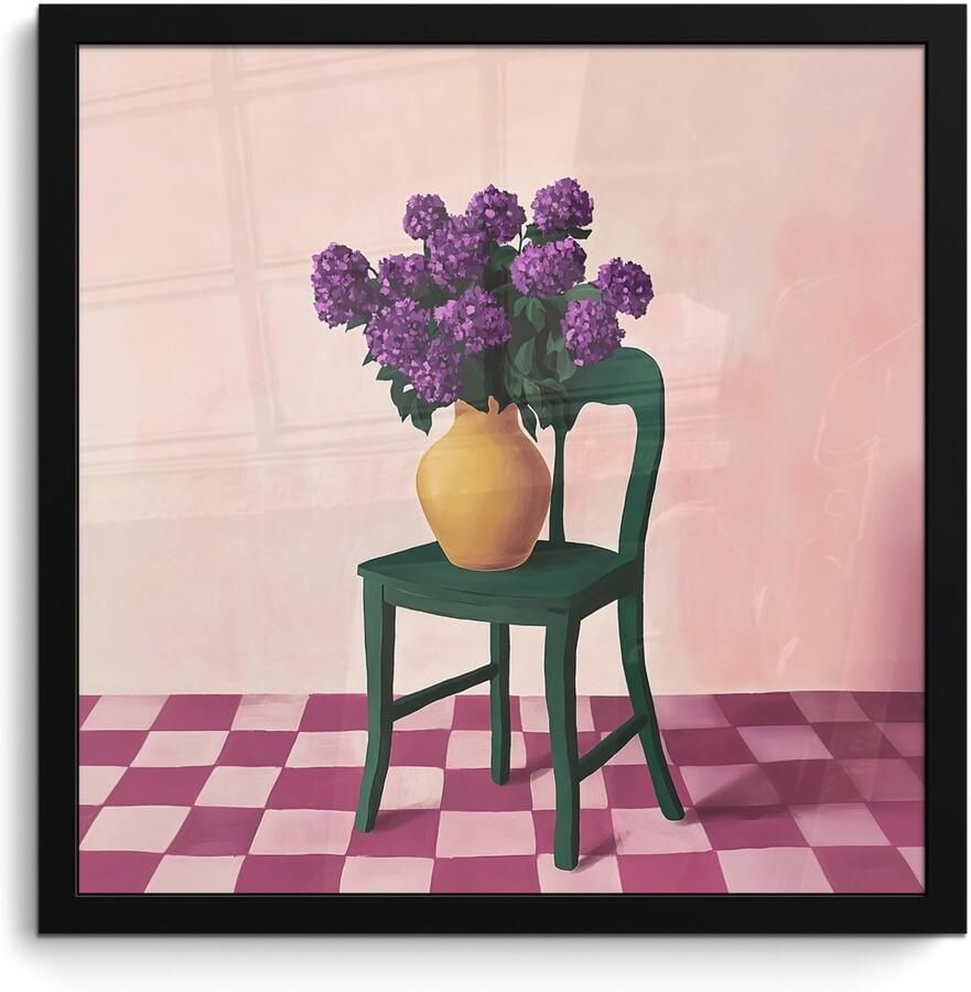 PosterMonkey Poster in lijst Fotolijst 40x40 cm Posters Stoel Vaas Bloemen Geblokt Posterlijst zwart Decoratie Wanddecoratie woonkamer Muurdecoratie slaapkamer
