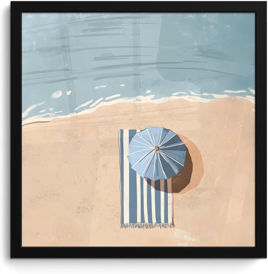 PosterMonkey Poster in lijst Fotolijst 40x40 cm Posters Strandlaken Strepen Parasol Strand Posterlijst zwart Decoratie Wanddecoratie woonkamer Muurdecoratie slaapkamer