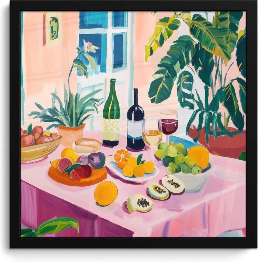 FrameYourWall Poster in lijst Fotolijst 40x40 cm Posters Tafel Wijn Fruit Posterlijst zwart Decoratie Wanddecoratie woonkamer Muurdecoratie slaapkamer
