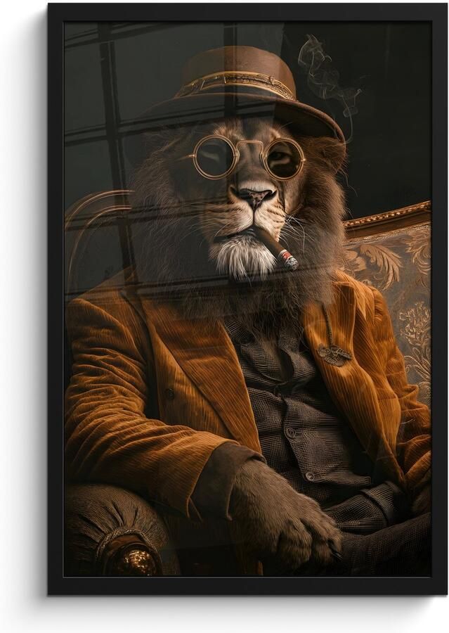 PosterMonkey Poster in lijst Fotolijst 40x60 cm Posters Bril Leeuw Bank Hoed Posterlijst zwart Decoratie Wanddecoratie woonkamer Muurdecoratie slaapkamer