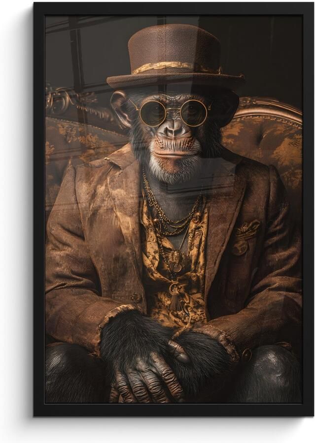 PosterMonkey Poster in lijst Fotolijst 40x60 cm Posters Chimpansee Stoel Pak Bruin Posterlijst zwart Decoratie Wanddecoratie woonkamer Muurdecoratie slaapkamer