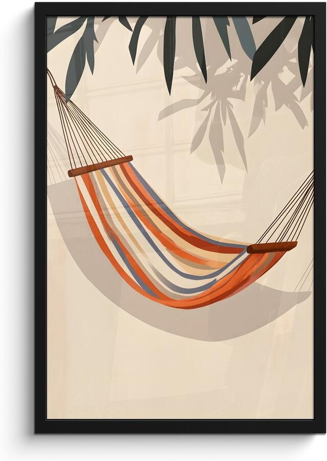 PosterMonkey Poster in lijst Fotolijst 40x60 cm Posters Hangmat Kleurrijk Bladeren Schaduw Posterlijst zwart Decoratie Wanddecoratie woonkamer Muurdecoratie slaapkamer