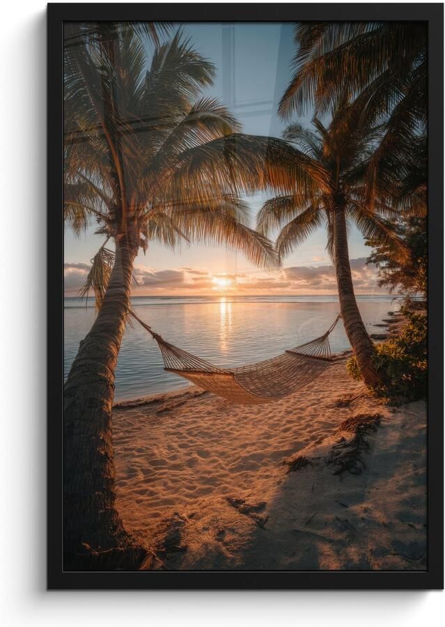 PosterMonkey Poster in lijst Fotolijst 40x60 cm Posters Palmbomen Hangmat Strand Zonsondergang Posterlijst zwart Decoratie Wanddecoratie woonkamer Muurdecoratie slaapkamer