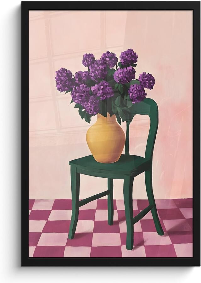 PosterMonkey Poster in lijst Fotolijst 40x60 cm Posters Stoel Vaas Bloemen Geblokt Posterlijst zwart Decoratie Wanddecoratie woonkamer Muurdecoratie slaapkamer