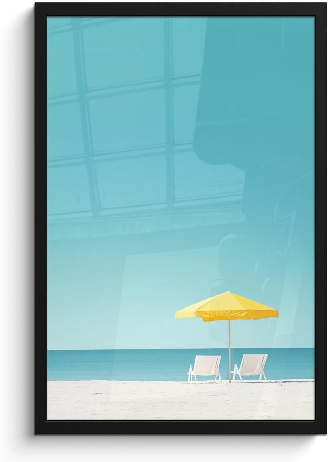 PosterMonkey Poster in lijst Fotolijst 40x60 cm Posters Strand Blauwe lucht Geel Parasol Posterlijst zwart Decoratie Wanddecoratie woonkamer Muurdecoratie slaapkamer