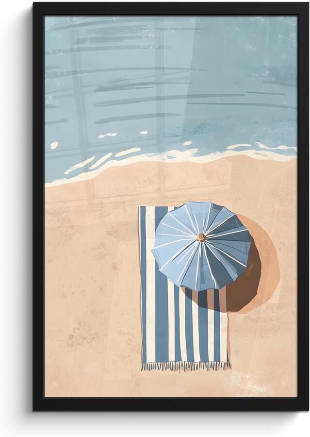 PosterMonkey Poster in lijst Fotolijst 40x60 cm Posters Strandlaken Strepen Parasol Strand Posterlijst zwart Decoratie Wanddecoratie woonkamer Muurdecoratie slaapkamer