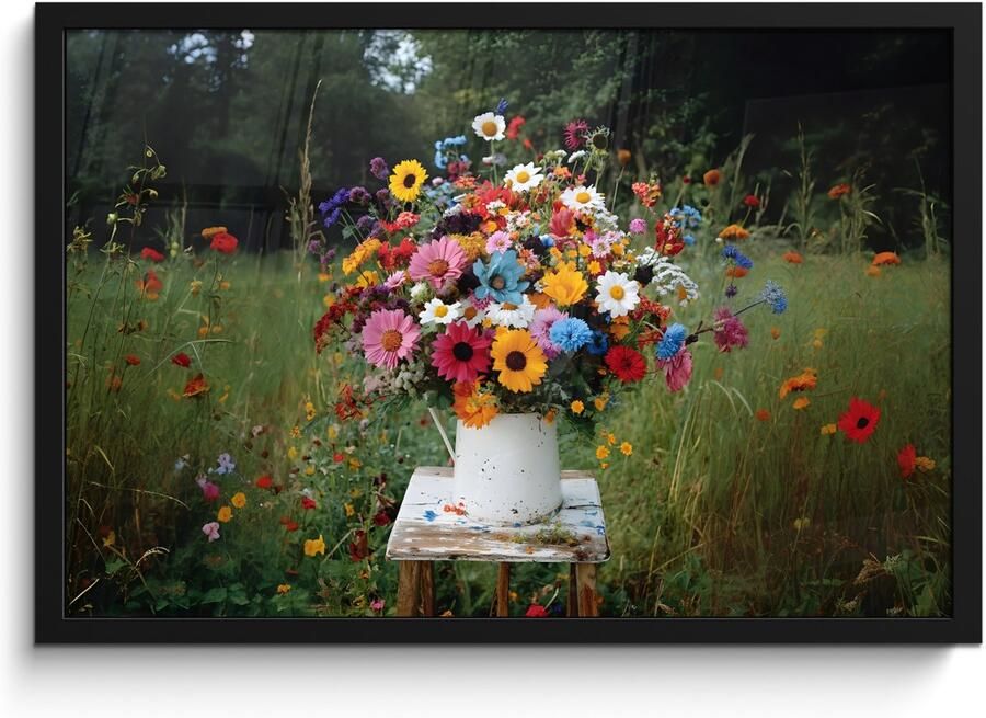 PosterMonkey Poster in lijst Fotolijst 60x40 cm Posters Bloemen Krukje Gieter Veld Posterlijst zwart Decoratie Wanddecoratie woonkamer Muurdecoratie slaapkamer