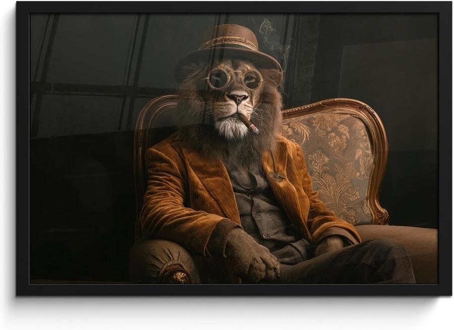 PosterMonkey Poster in lijst Fotolijst 60x40 cm Posters Bril Leeuw Bank Hoed Posterlijst zwart Decoratie Wanddecoratie woonkamer Muurdecoratie slaapkamer