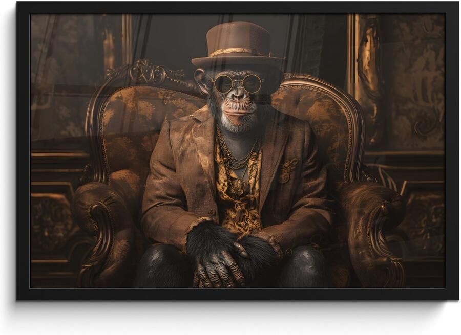 PosterMonkey Poster in lijst Fotolijst 60x40 cm Posters Chimpansee Stoel Pak Bruin Posterlijst zwart Decoratie Wanddecoratie woonkamer Muurdecoratie slaapkamer