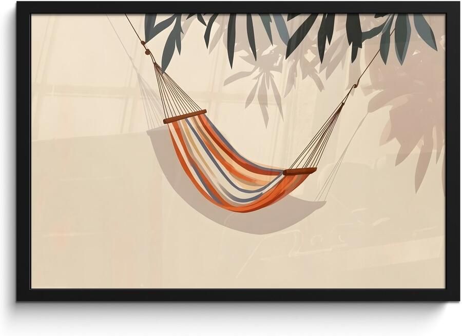 PosterMonkey Poster in lijst Fotolijst 60x40 cm Posters Hangmat Kleurrijk Bladeren Schaduw Posterlijst zwart Decoratie Wanddecoratie woonkamer Muurdecoratie slaapkamer