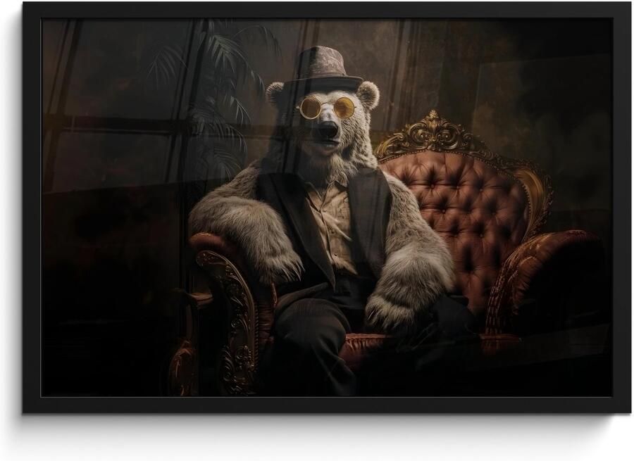 PosterMonkey Poster in lijst Fotolijst 60x40 cm Posters Ijsbeer Hoed Bril Stoel Posterlijst zwart Decoratie Wanddecoratie woonkamer Muurdecoratie slaapkamer