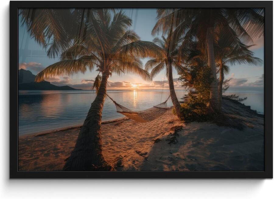 PosterMonkey Poster in lijst Fotolijst 60x40 cm Posters Palmbomen Hangmat Strand Zonsondergang Posterlijst zwart Decoratie Wanddecoratie woonkamer Muurdecoratie slaapkamer