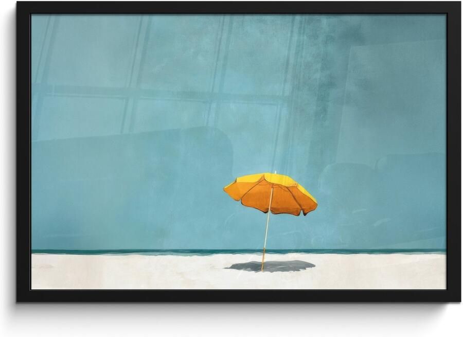 PosterMonkey Poster in lijst Fotolijst 60x40 cm Posters Parasol Geel Strand Zee Posterlijst zwart Decoratie Wanddecoratie woonkamer Muurdecoratie slaapkamer