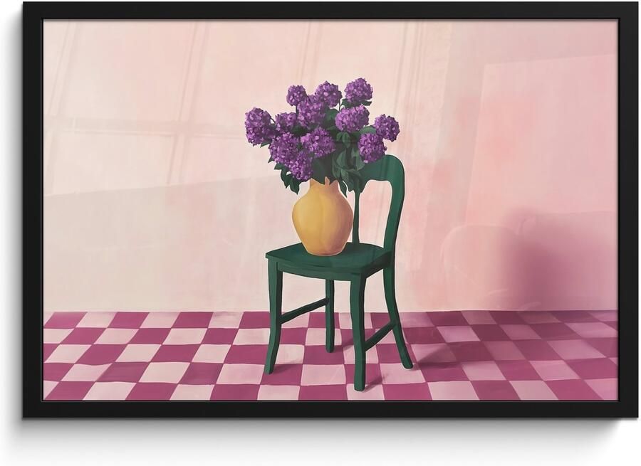 PosterMonkey Poster in lijst Fotolijst 60x40 cm Posters Stoel Vaas Bloemen Geblokt Posterlijst zwart Decoratie Wanddecoratie woonkamer Muurdecoratie slaapkamer