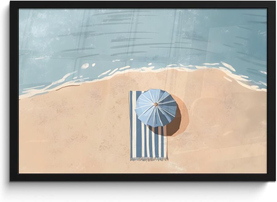 PosterMonkey Poster in lijst Fotolijst 60x40 cm Posters Strandlaken Strepen Parasol Strand Posterlijst zwart Decoratie Wanddecoratie woonkamer Muurdecoratie slaapkamer