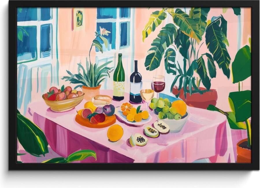 FrameYourWall Poster in lijst Fotolijst 60x40 cm Posters Tafel Wijn Fruit Posterlijst zwart Decoratie Wanddecoratie woonkamer Muurdecoratie slaapkamer