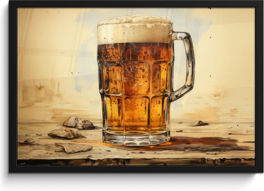 PosterMonkey Fotolijst inclusief poster Posterlijst 60x40 cm Posters Vintage Bier Pul Hout Tafel Drinken Foto in lijst decoratie Wanddecoratie woonkamer Muurdecoratie slaapkamer