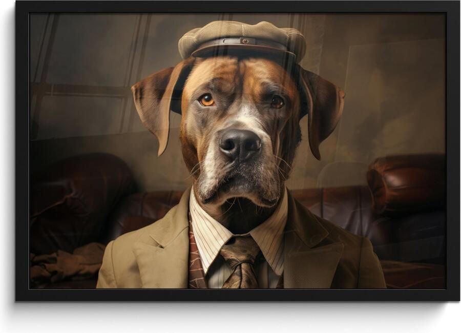 PosterMonkey Fotolijst inclusief poster Posterlijst 60x40 cm Posters Vintage Hond Hoed Pak Bank Bruin Foto in lijst decoratie Wanddecoratie woonkamer Muurdecoratie slaapkamer