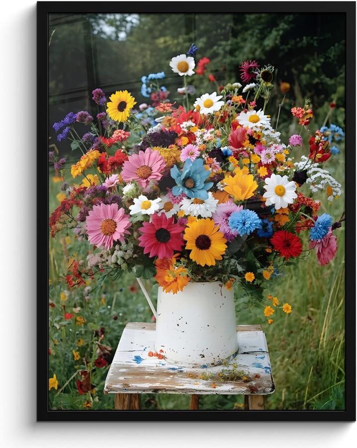 PosterMonkey Poster in lijst Fotolijst 60x80 cm Posters Bloemen Krukje Gieter Veld Posterlijst zwart Decoratie Wanddecoratie woonkamer Muurdecoratie slaapkamer