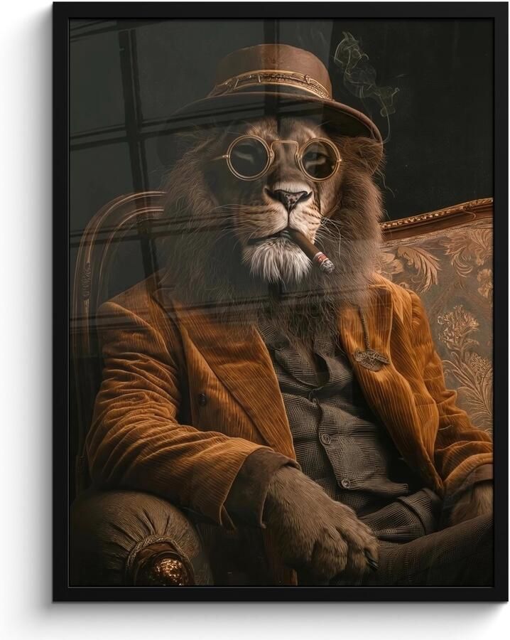 PosterMonkey Poster in lijst Fotolijst 60x80 cm Posters Bril Leeuw Bank Hoed Posterlijst zwart Decoratie Wanddecoratie woonkamer Muurdecoratie slaapkamer