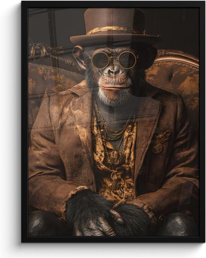 PosterMonkey Poster in lijst Fotolijst 60x80 cm Posters Chimpansee Stoel Pak Bruin Posterlijst zwart Decoratie Wanddecoratie woonkamer Muurdecoratie slaapkamer