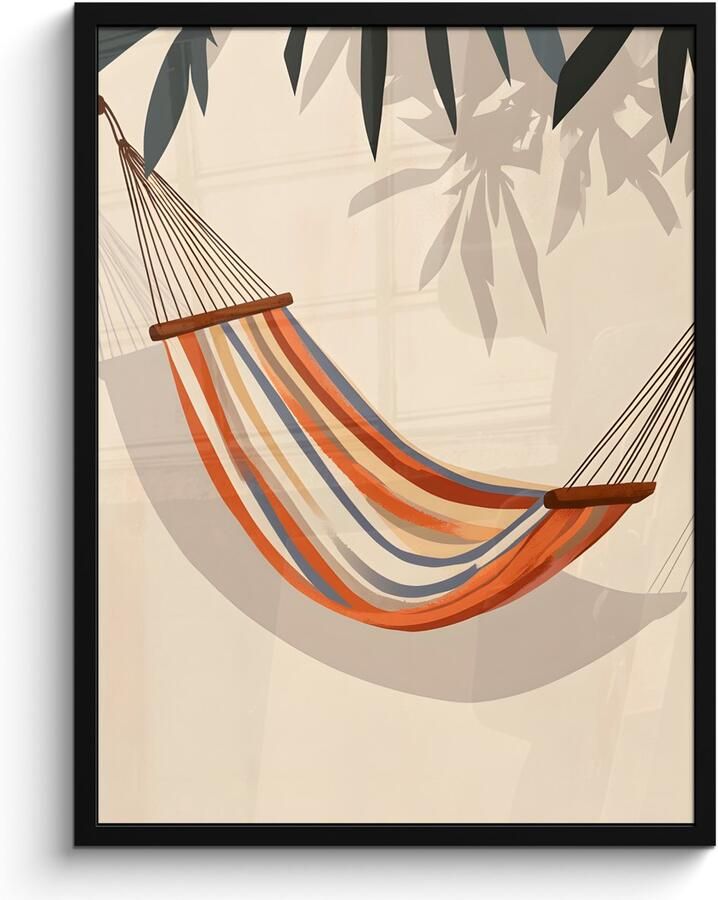 PosterMonkey Poster in lijst Fotolijst 60x80 cm Posters Hangmat Kleurrijk Bladeren Schaduw Posterlijst zwart Decoratie Wanddecoratie woonkamer Muurdecoratie slaapkamer