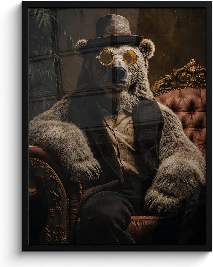 PosterMonkey Poster in lijst Fotolijst 60x80 cm Posters Ijsbeer Hoed Bril Stoel Posterlijst zwart Decoratie Wanddecoratie woonkamer Muurdecoratie slaapkamer